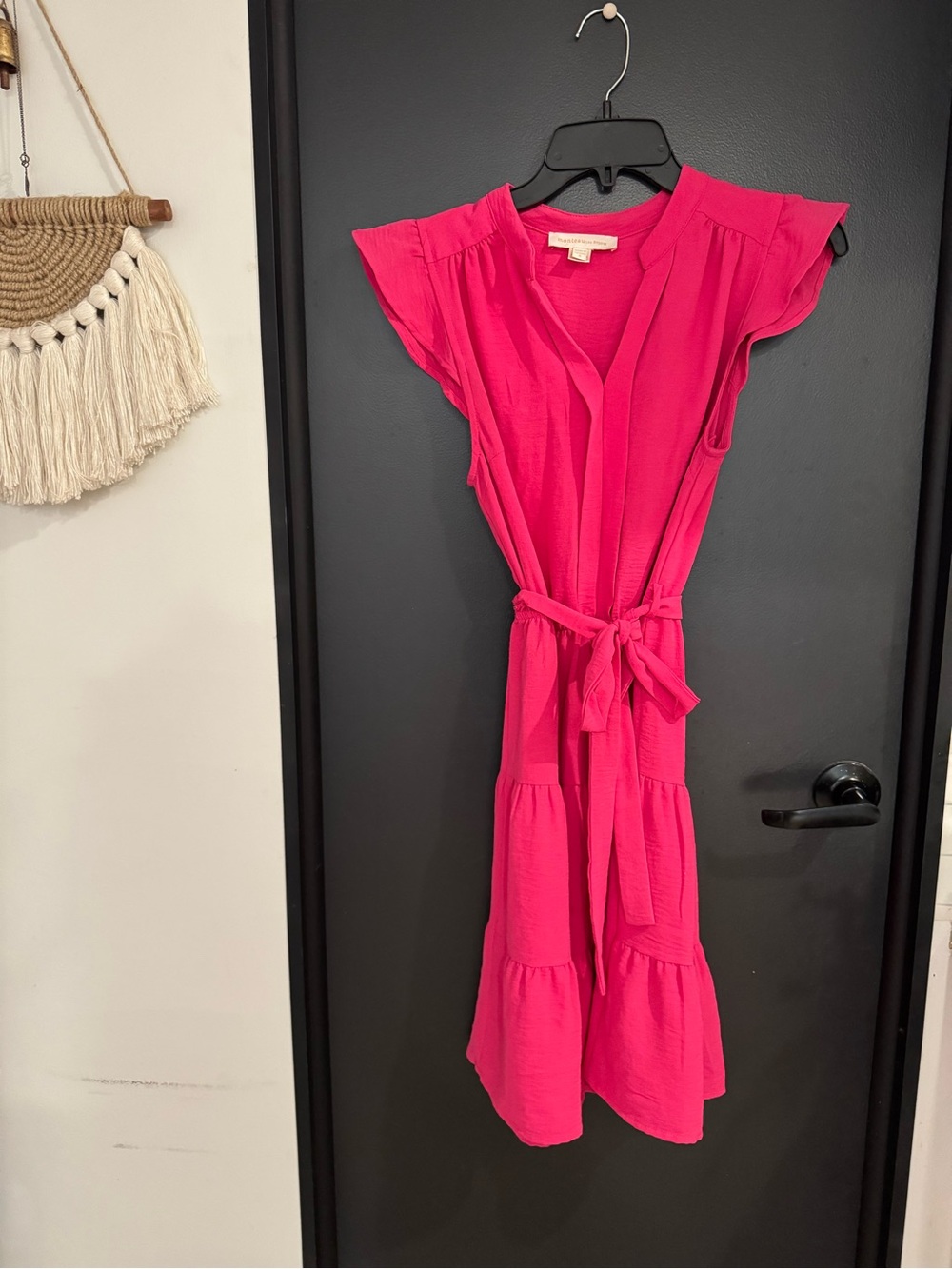 Monteau Hot Pink Tiered Wrap Babydoll Midi Dress Soft Feminine Cottage Fairy
